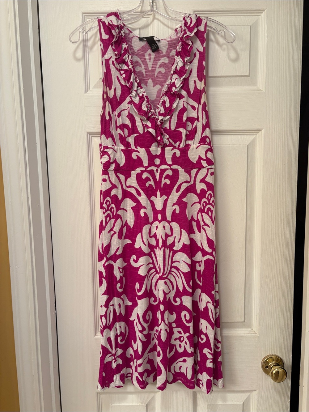 Sleeveless Fuchsia Pink & White Ruffle V-Neck Summer Dress